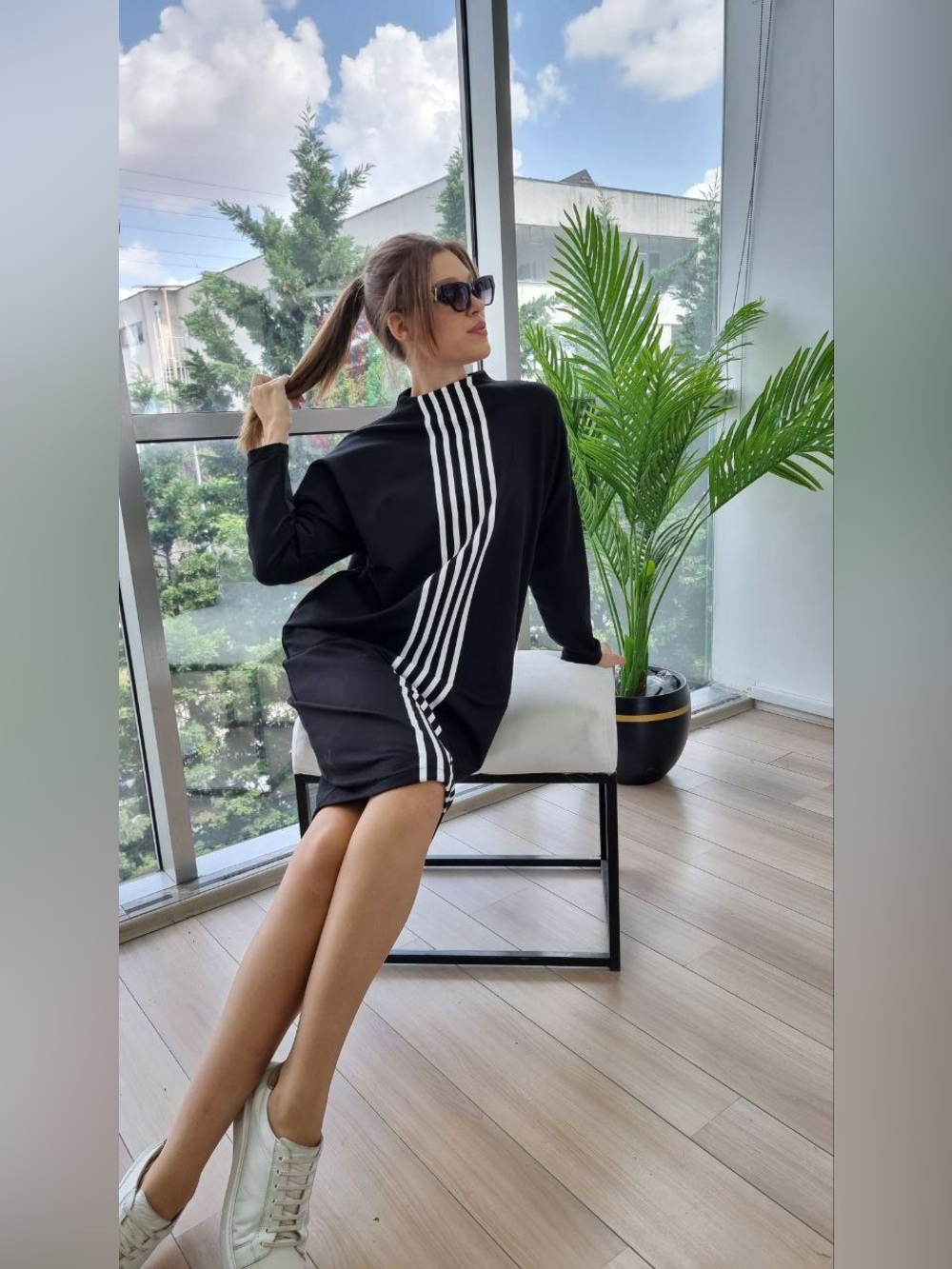 Black Midi Dress with White Stripe Detail